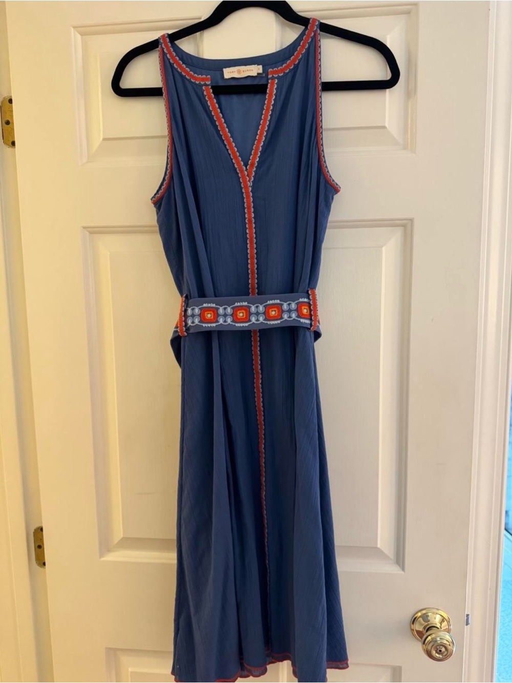 Tory Burch Blue Sleeveless Embroidered Belted Midi Dress with Coral Trim size 8